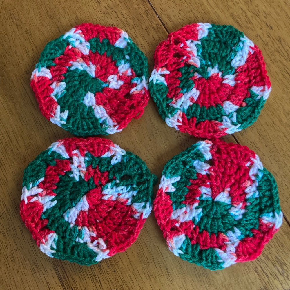red, green, white doilies and coasters handmade crochet